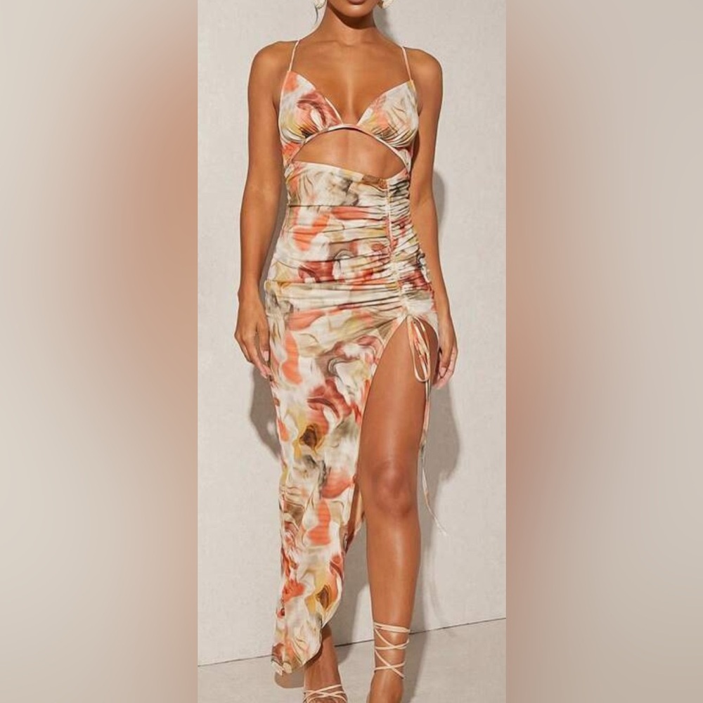 Orange and Cream Ruched Bodycon Dress with Halter Neckline
